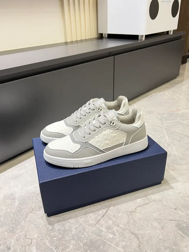 Dior Gray White Monogrammed Panel Mixed-Material Upper Lifestyle Sneakers 4