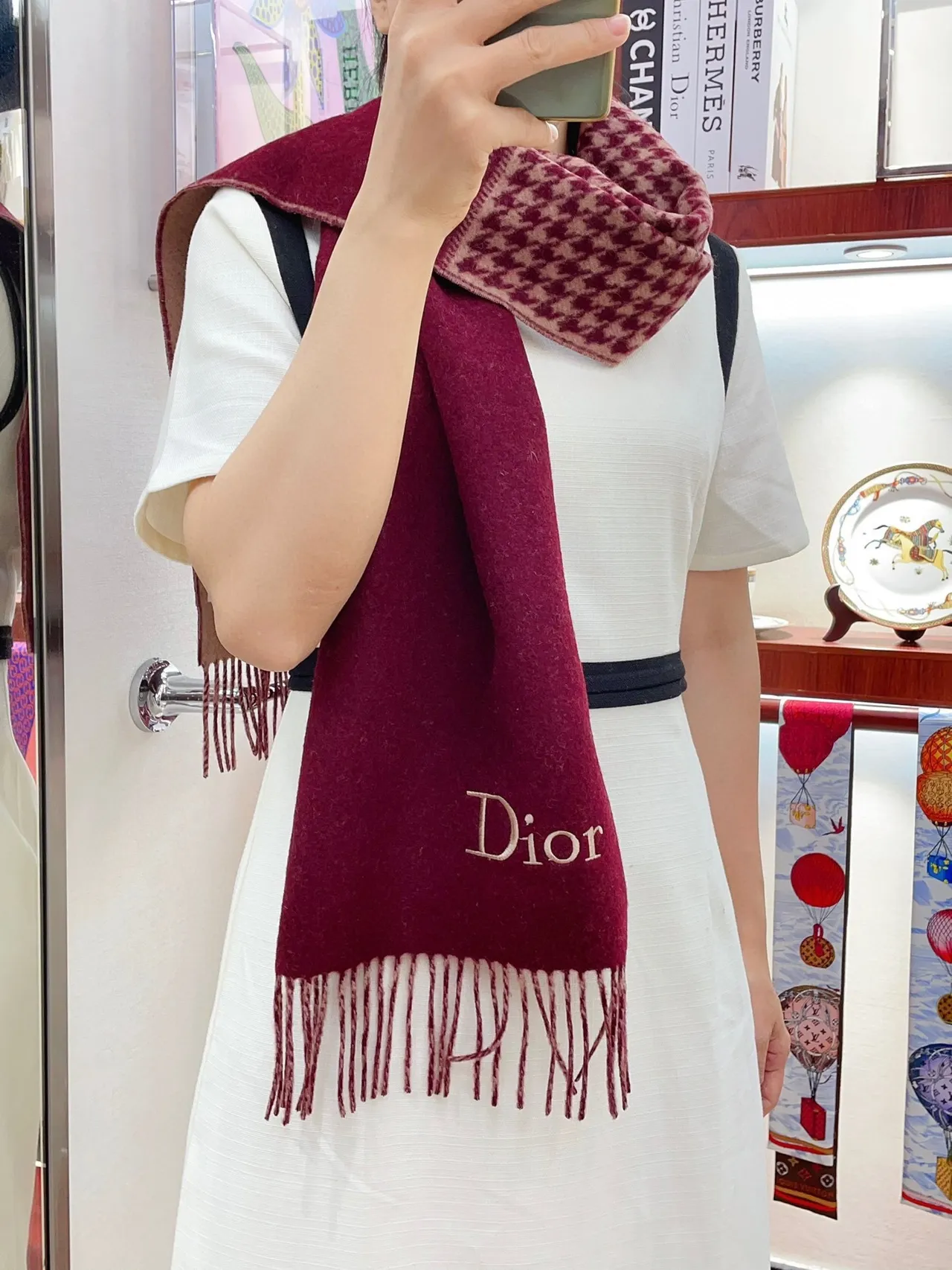 Dior Houndstooth Border Burgundy Cashmere Scarf 2