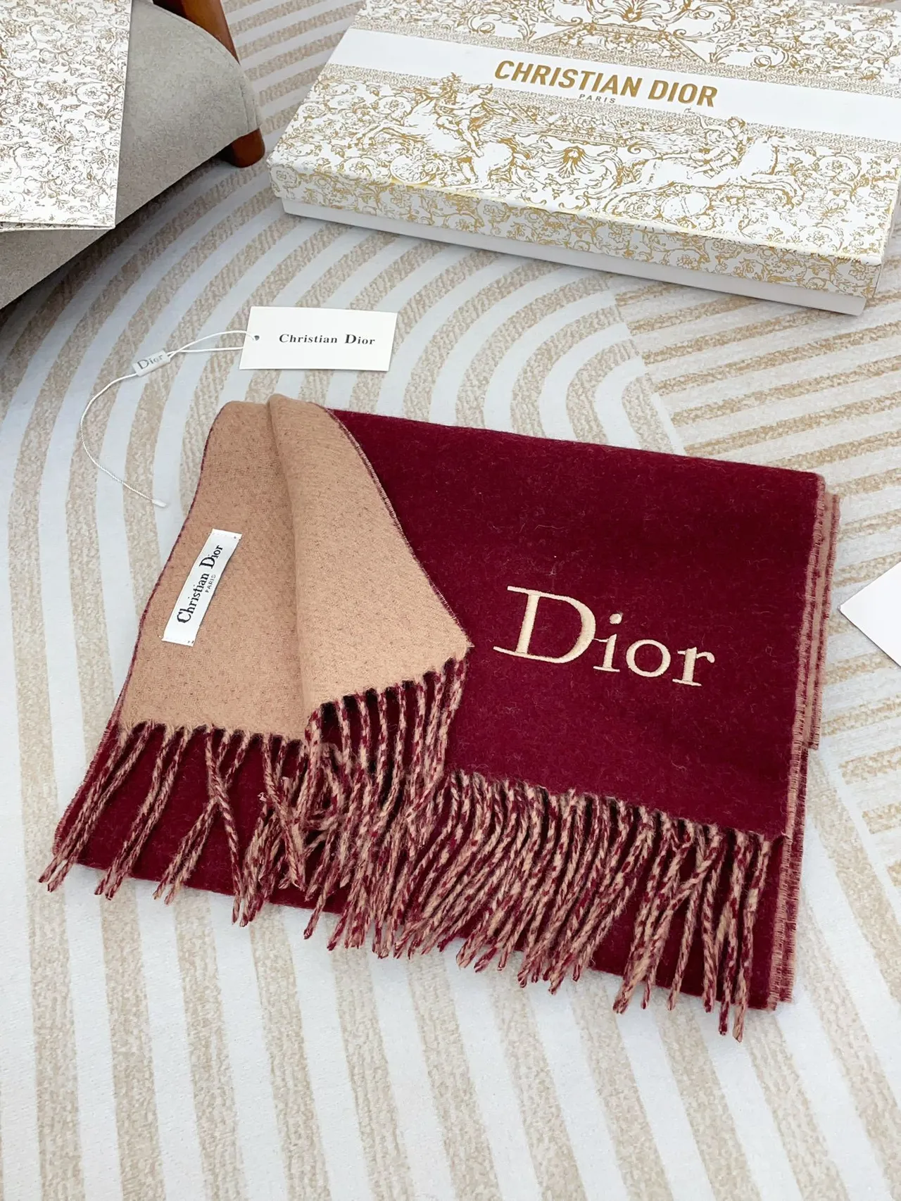 Dior Houndstooth Border Burgundy Cashmere Scarf 5