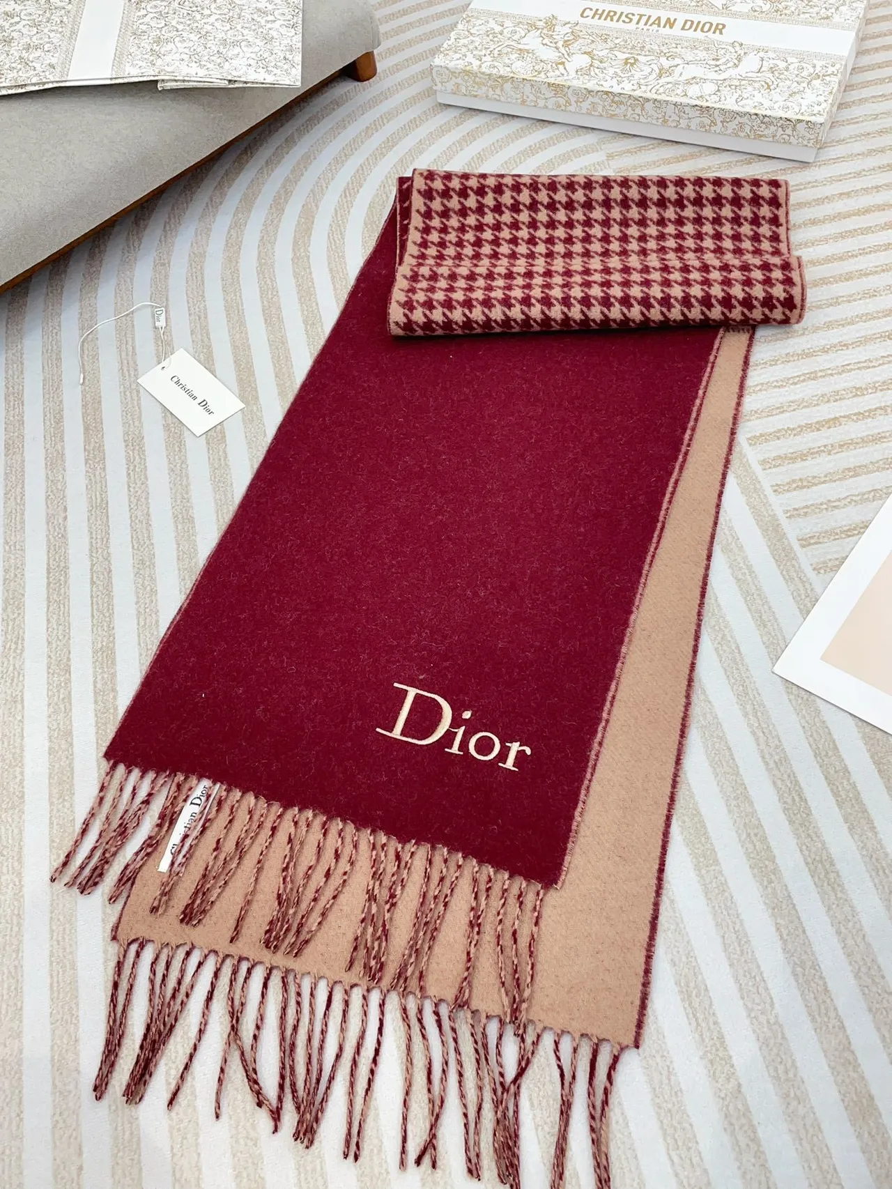 Dior Houndstooth Border Burgundy Cashmere Scarf 6