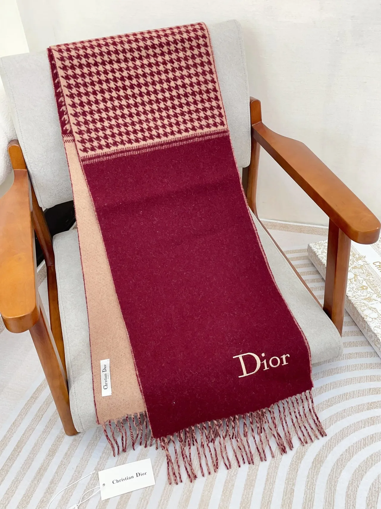 Dior Houndstooth Border Burgundy Cashmere Scarf 7