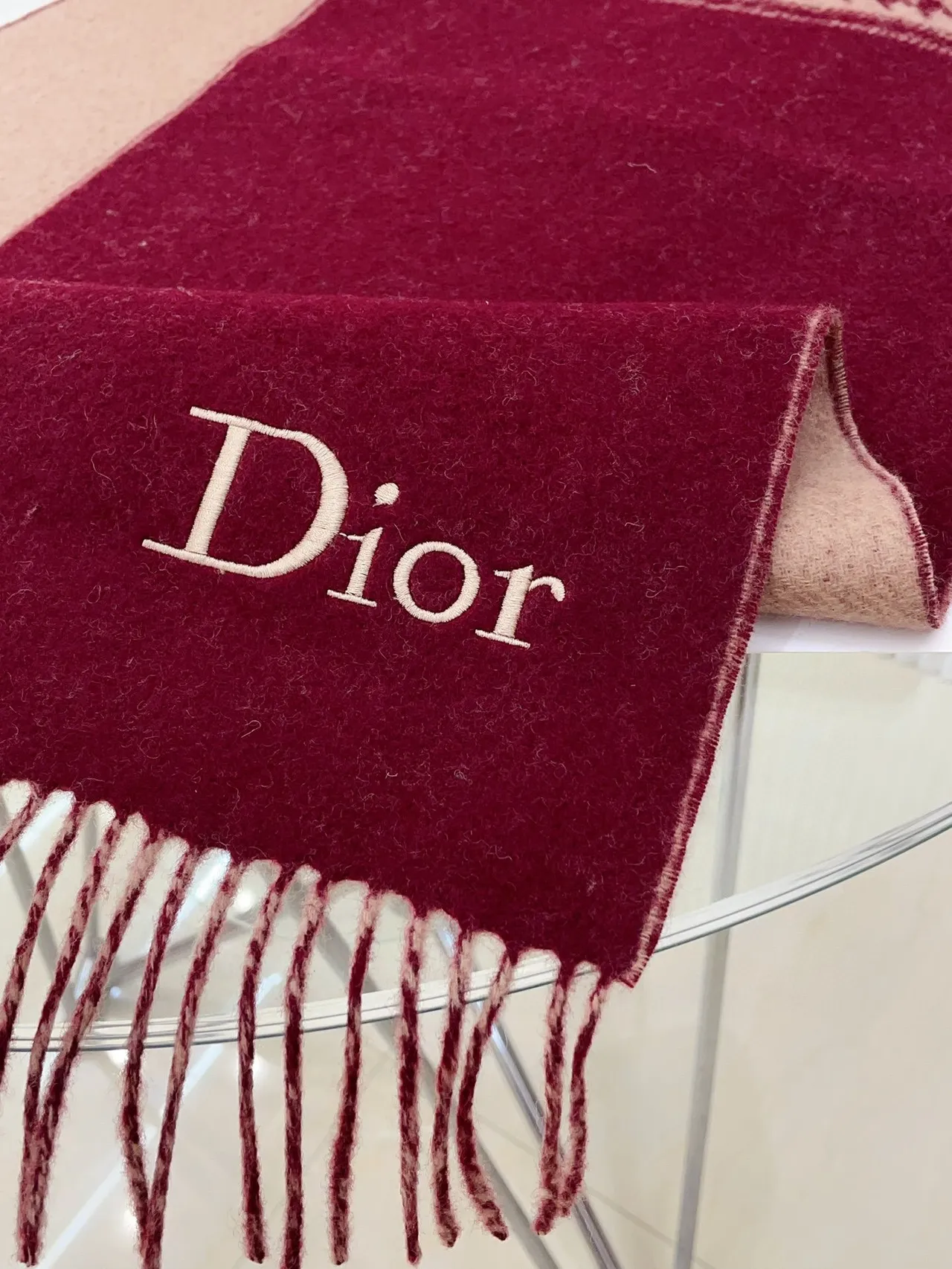 Dior Houndstooth Border Burgundy Cashmere Scarf 8