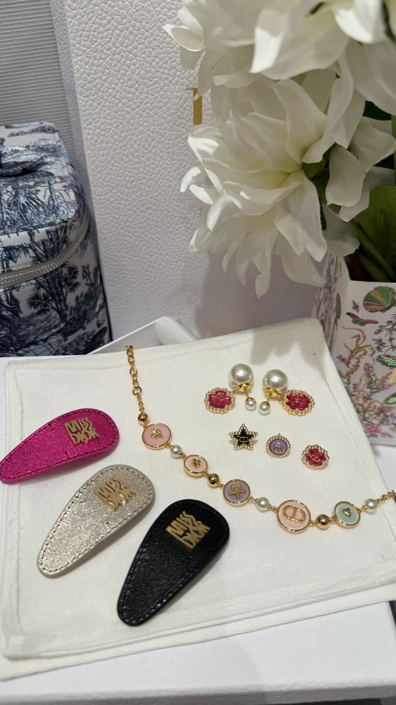 Dior La D de Pink Gold Floral Enamel Pearl-Encrusted Earrings 4