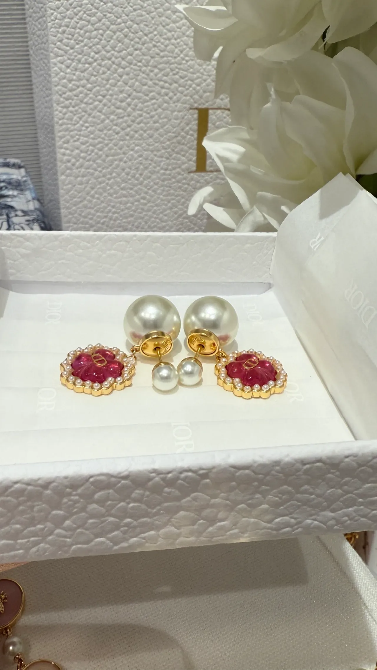 Dior La D de Pink Gold Floral Enamel Pearl-Encrusted Earrings 7