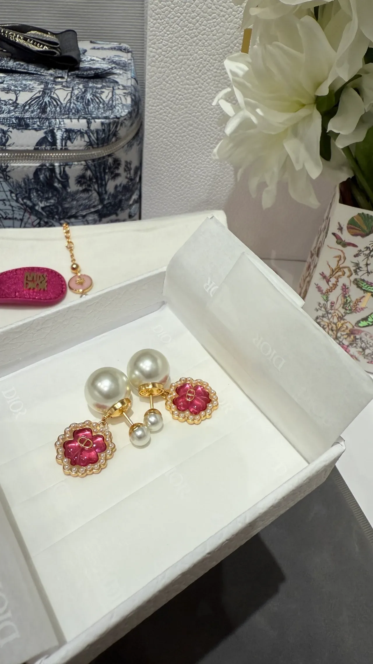 Dior La D de Pink Gold Floral Enamel Pearl-Encrusted Earrings 8