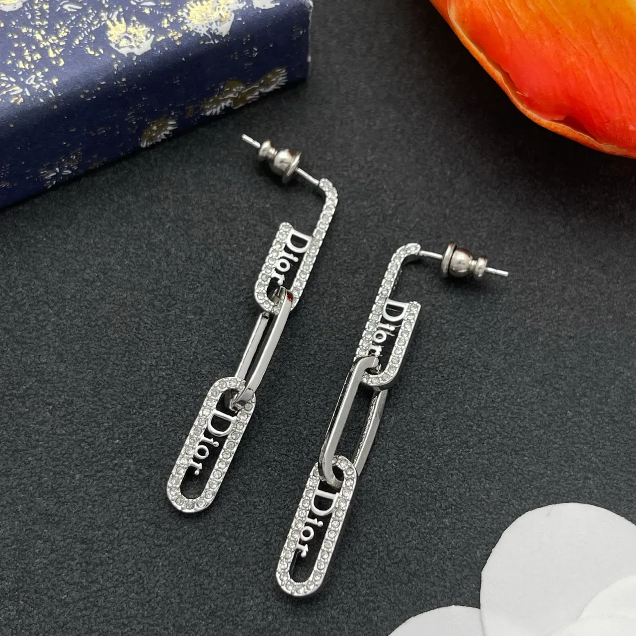 Dior Link Crystal-Embellished Logo Chain Earrings 7