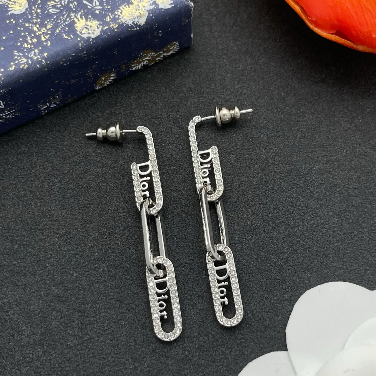 Dior Link Crystal-Embellished Logo Chain Earrings 8