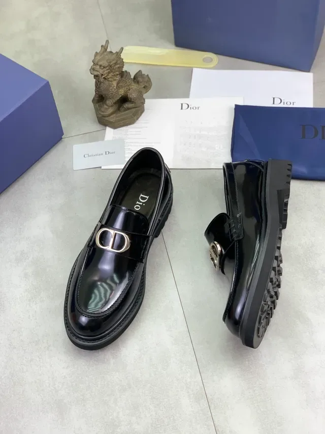 Dior Mocassin Noir Argent Cuir Patent Brillant Sangle Boucle Métal CD 5