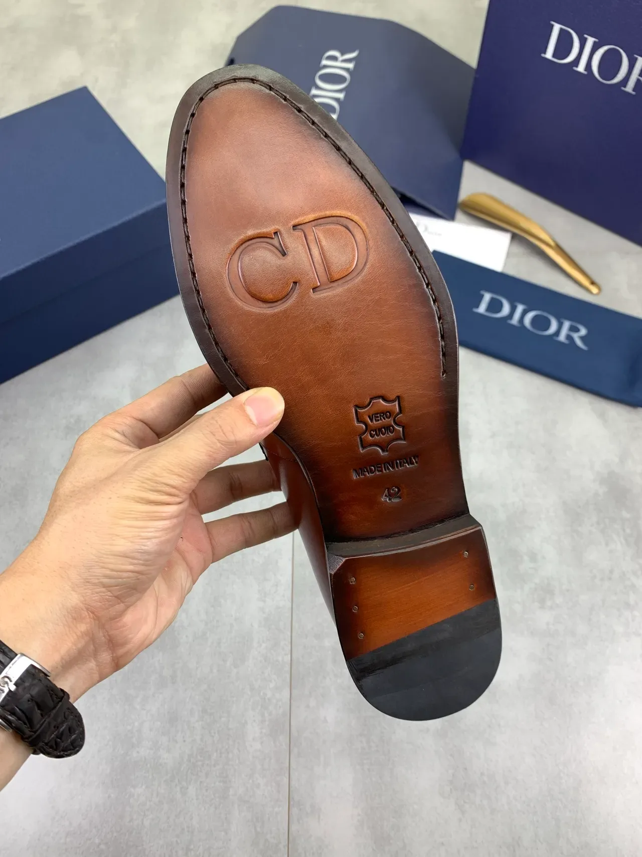 Dior Loafer Brown Gold Polished Leather D-Buckle Loafer 3
