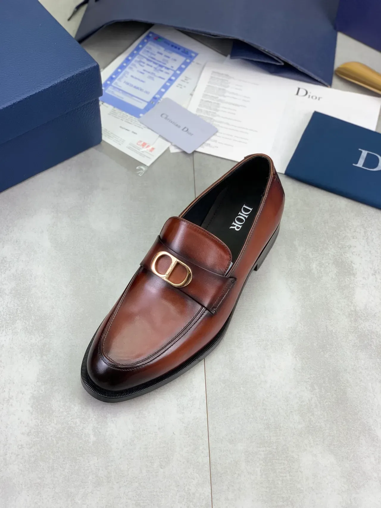 Dior Loafer Brown Gold Polished Leather D-Buckle Loafer 4