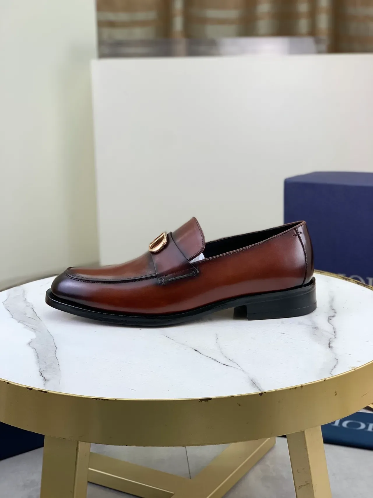Dior Loafer Brown Gold Polished Leather D-Buckle Loafer 6