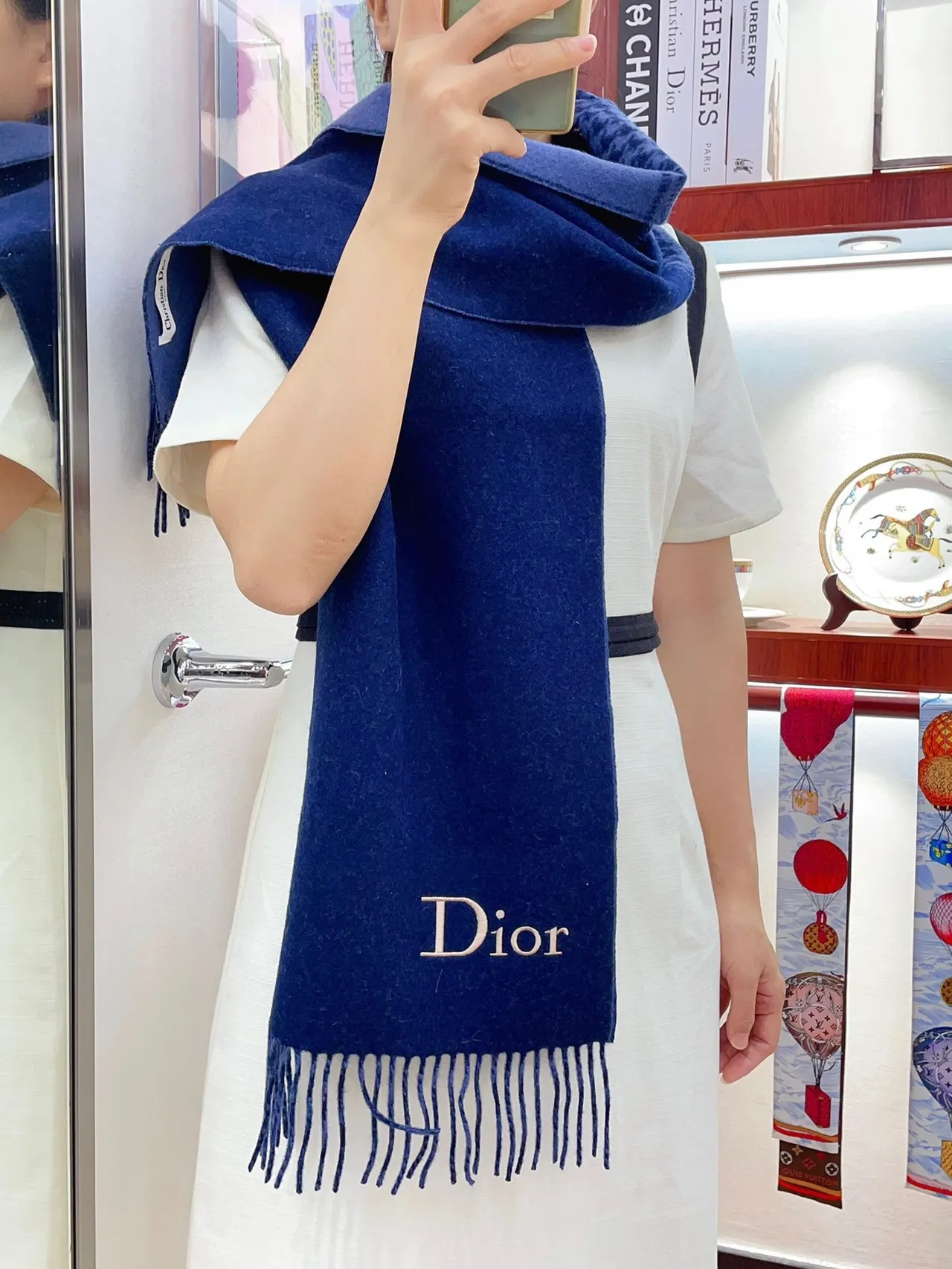 Dior Logo Houndstooth and Solid Navy Cashmere Scarf 2