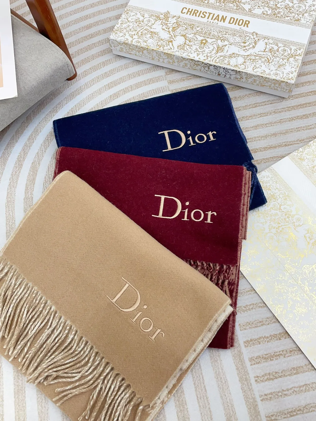 Dior Logo Houndstooth and Solid Navy Cashmere Scarf 3