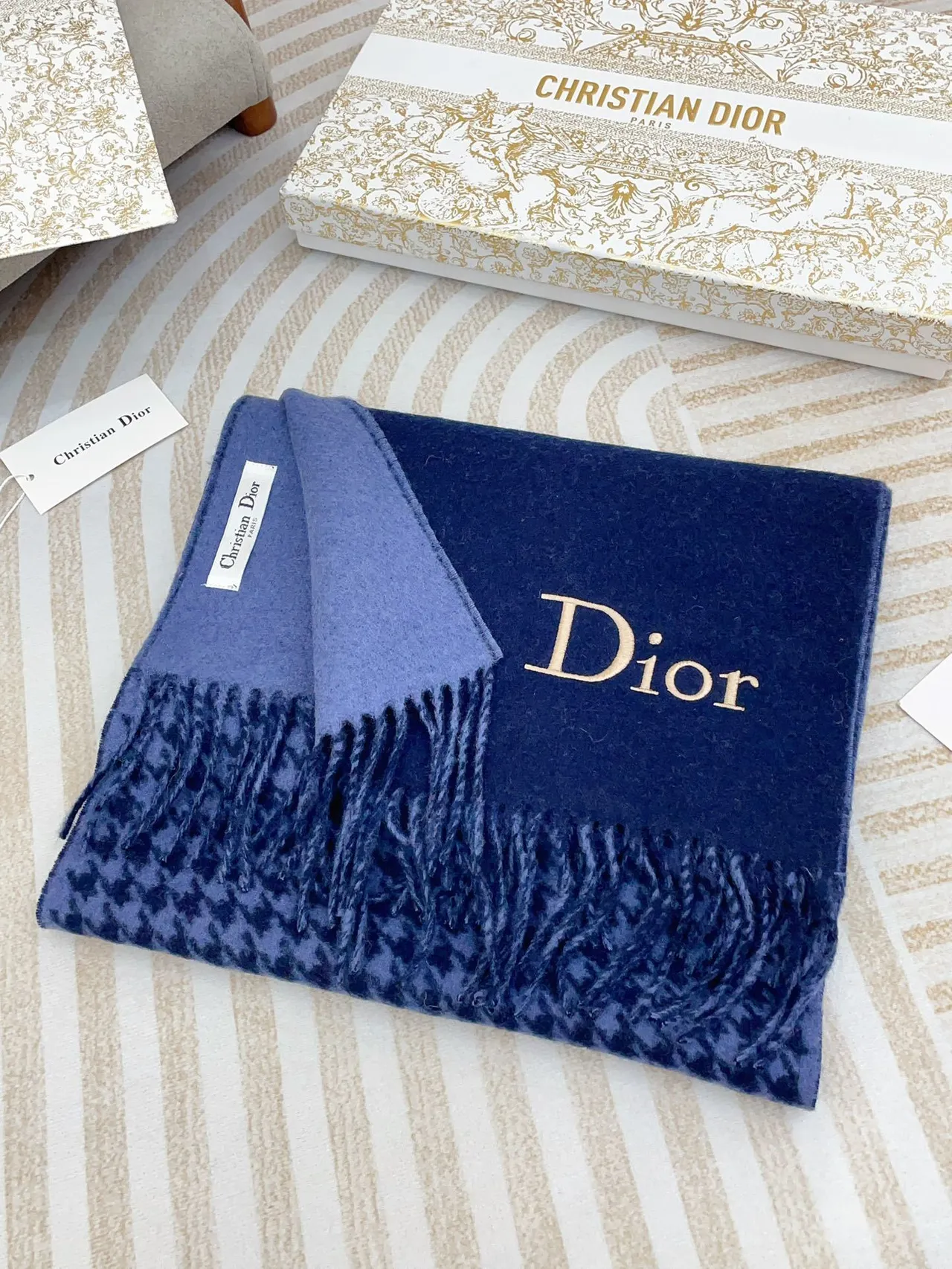 Dior Logo Houndstooth and Solid Navy Cashmere Scarf 5