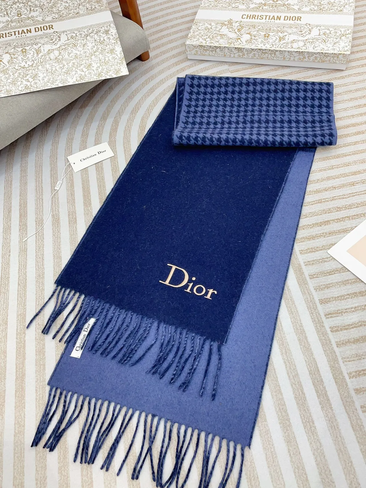 Dior Logo Houndstooth and Solid Navy Cashmere Scarf 6