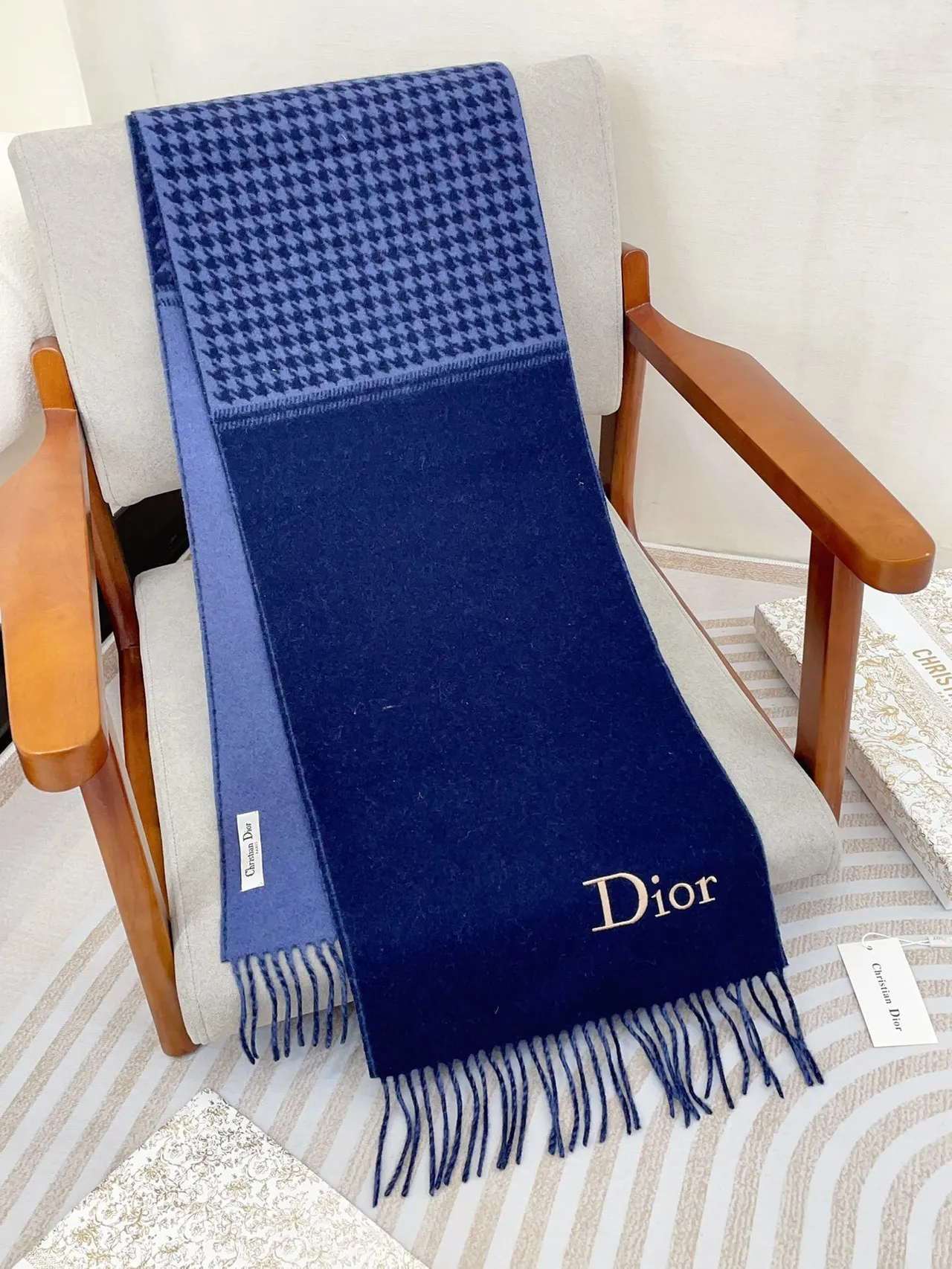 Dior Logo Houndstooth and Solid Navy Cashmere Scarf 7