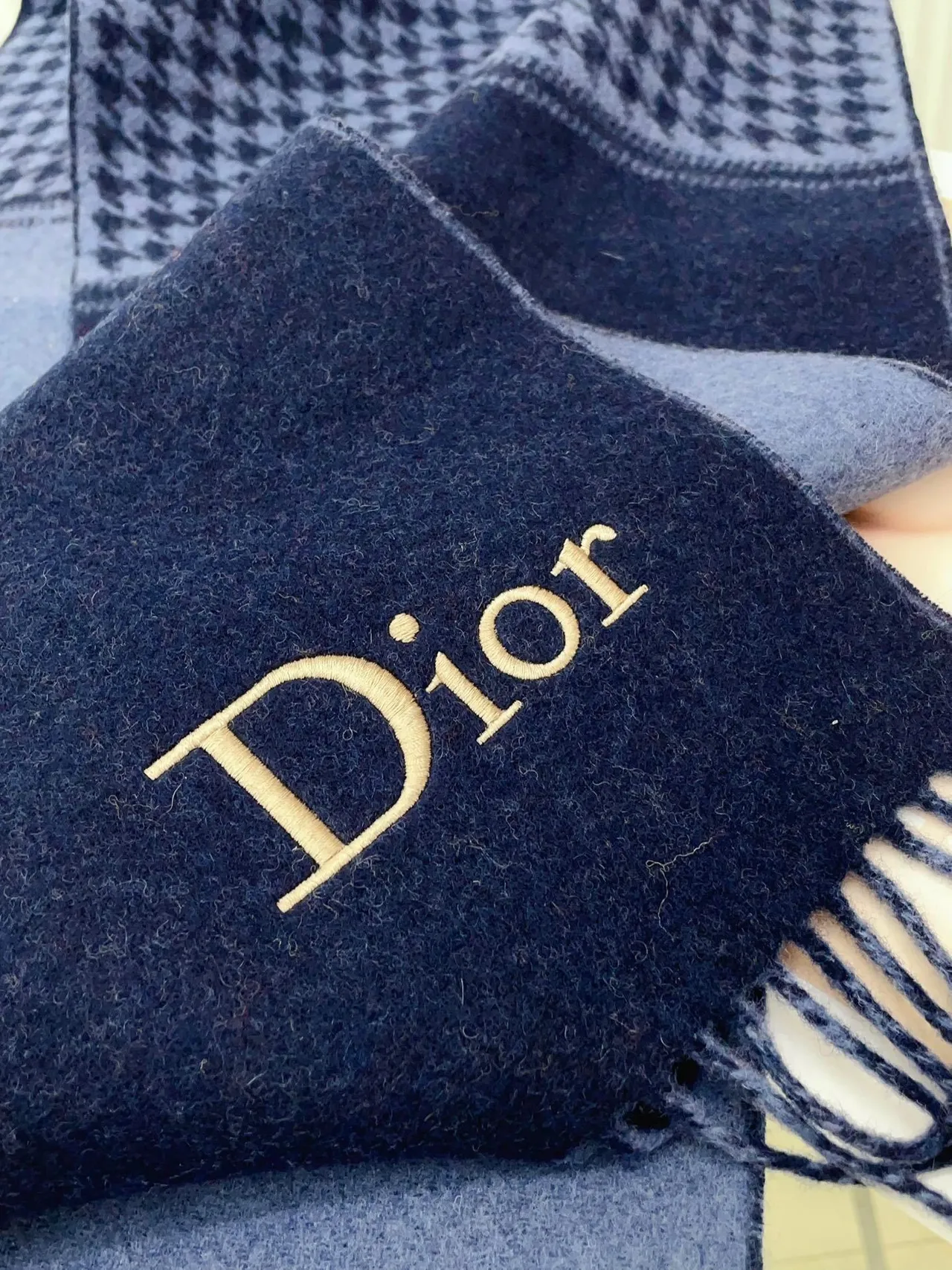 Dior Logo Houndstooth and Solid Navy Cashmere Scarf 8