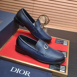Dior Navy Black Pebbled Leather Metal CD Buckle Loafer