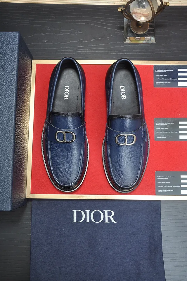 Dior Navy Black Pebbled Leather Metal CD Buckle Loafer 2