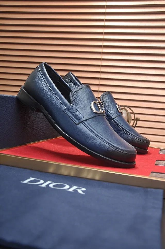 Dior Navy Black Pebbled Leather Metal CD Buckle Loafer 3