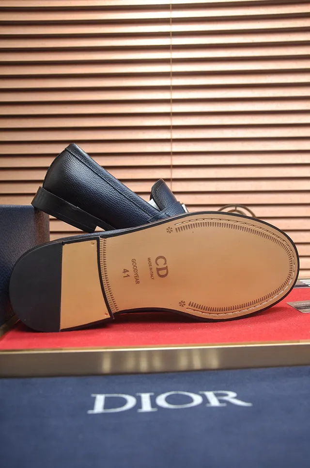 Dior Navy Black Pebbled Leather Metal CD Buckle Loafer 7