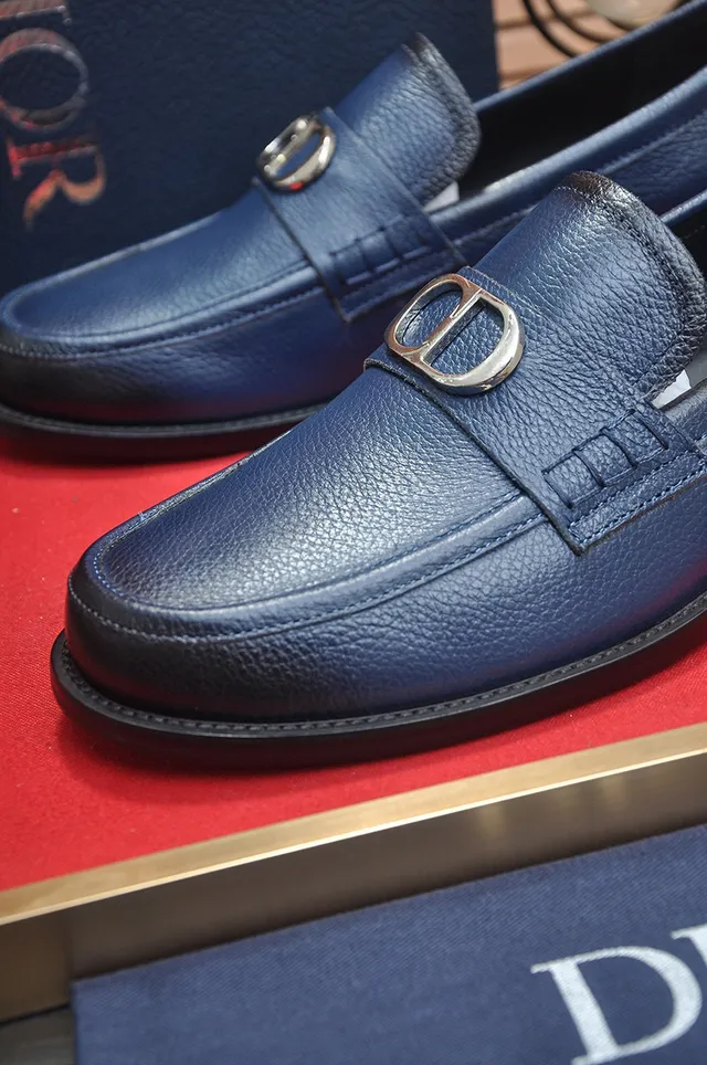 Dior Navy Black Pebbled Leather Metal CD Buckle Loafer 8