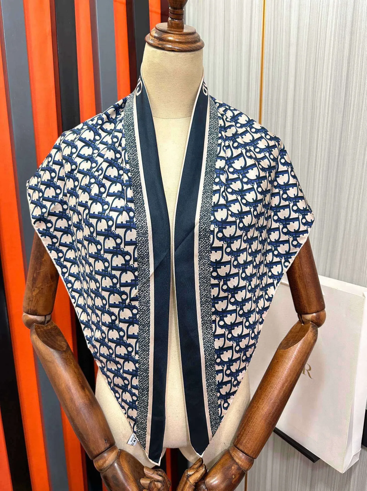 Dior Oblique Monogram Beige and Navy Silk Scarf 2