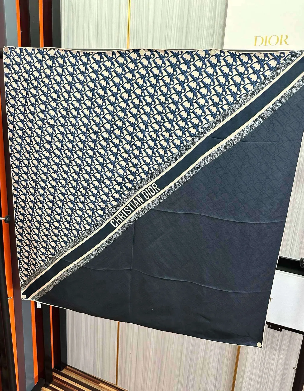 Dior Oblique Monogram Beige and Navy Silk Scarf 3