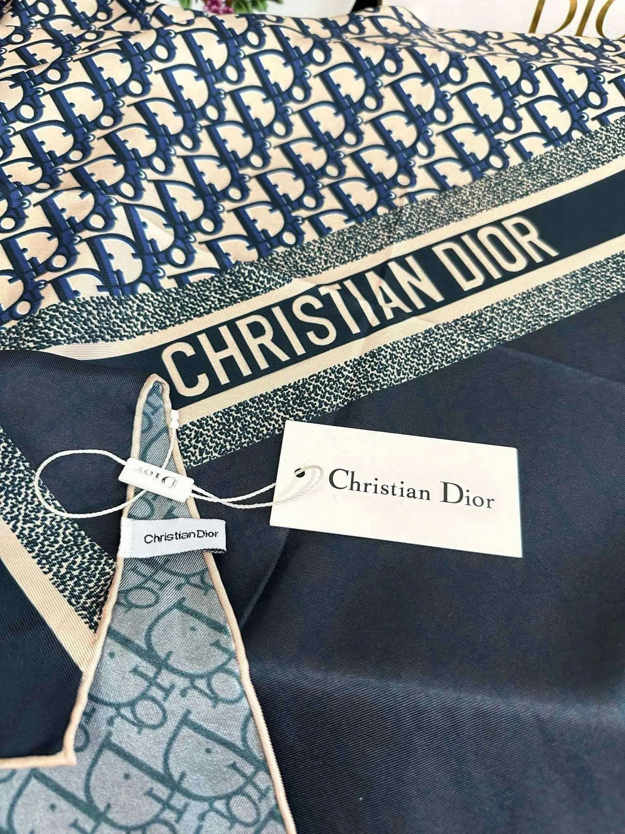 Dior Oblique Monogram Beige and Navy Silk Scarf 4