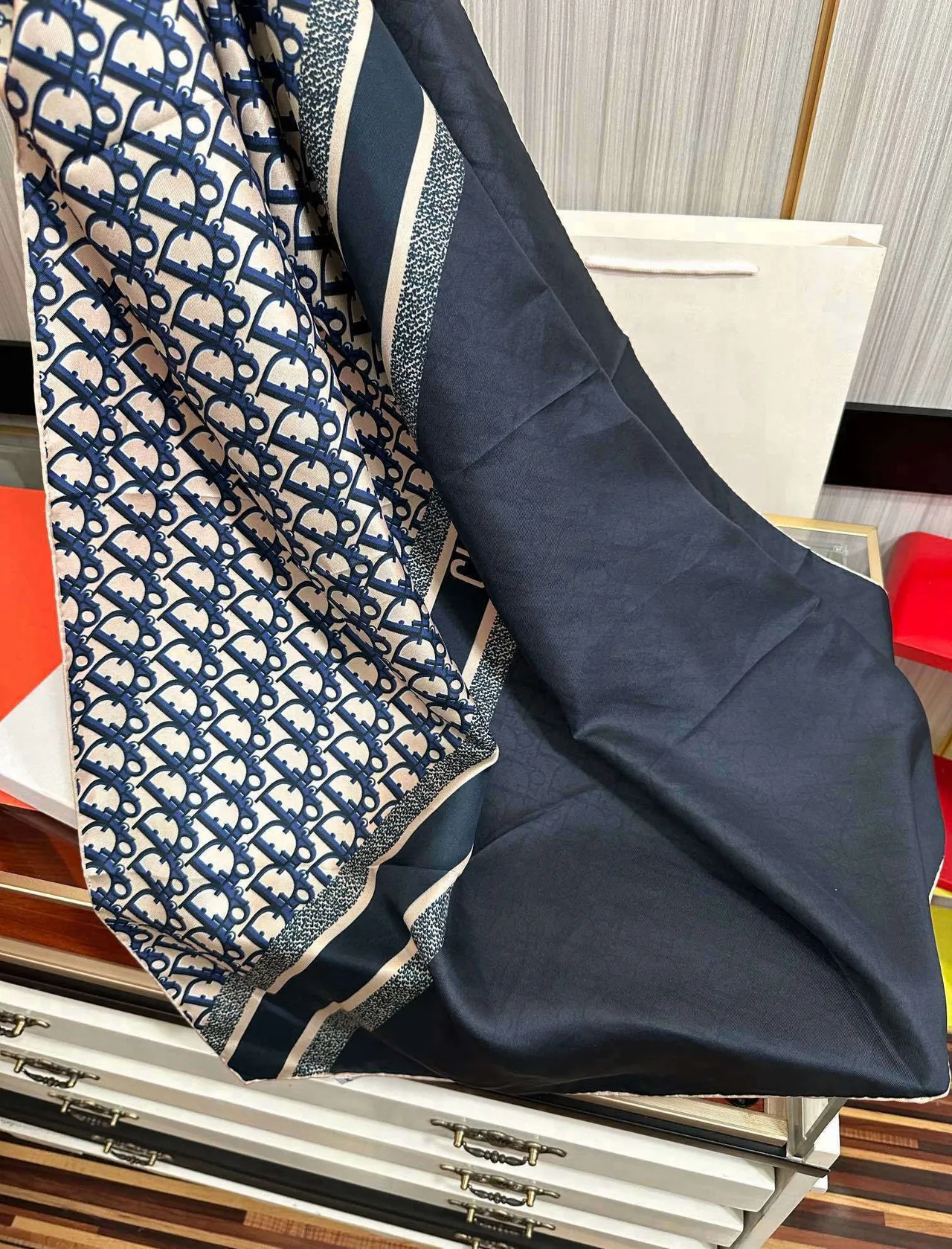 Dior Oblique Monogram Beige and Navy Silk Scarf 5