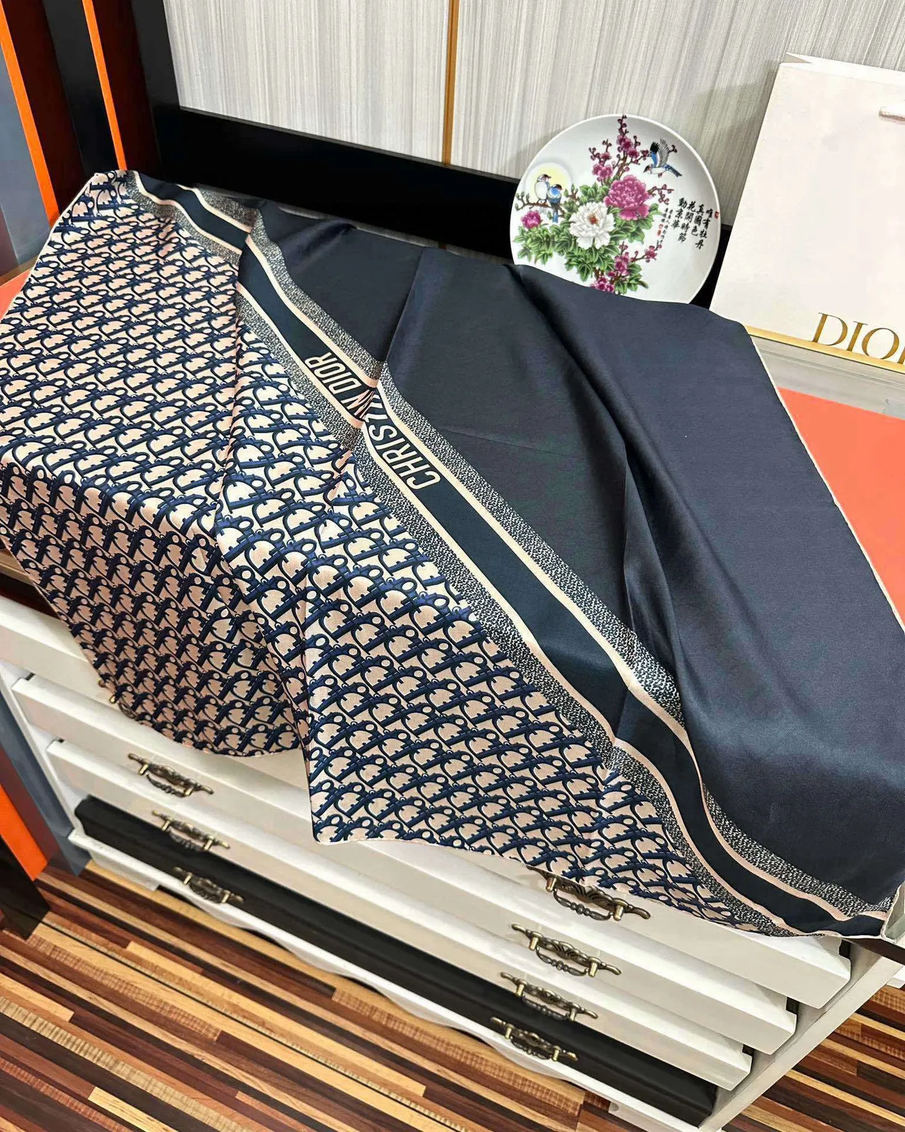 Dior Oblique Monogram Beige and Navy Silk Scarf 6