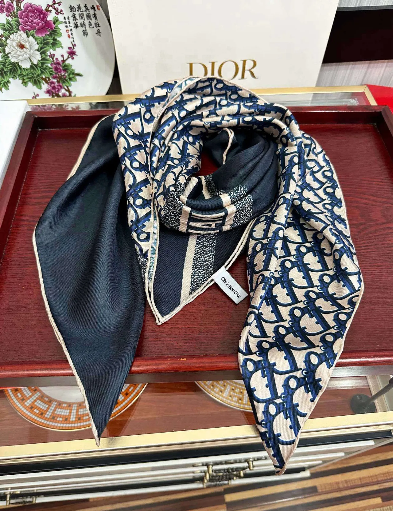 Dior Oblique Monogram Beige and Navy Silk Scarf 7