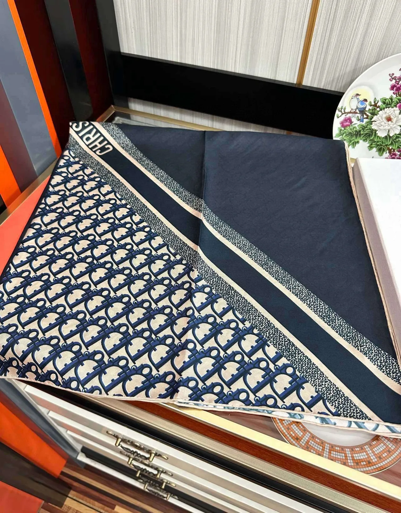 Dior Oblique Monogram Beige and Navy Silk Scarf 8
