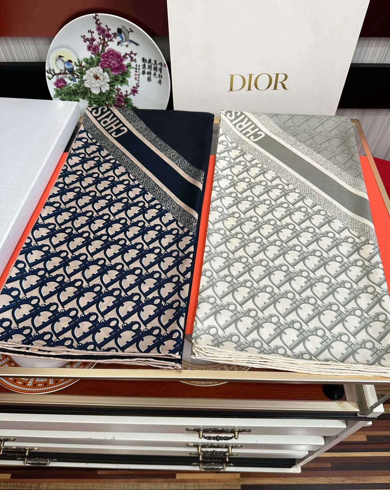 Dior Oblique Monogram Beige and Navy Silk Scarf 9