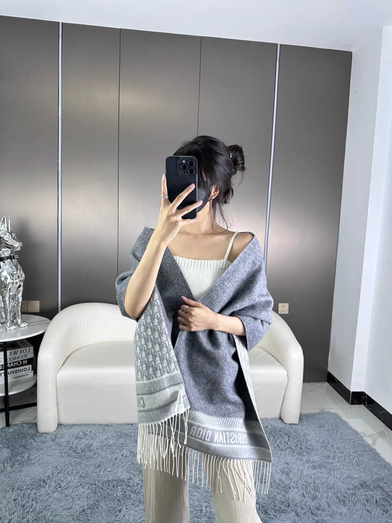 Dior Oblique Monogram وشاح كشمير رمادي 5