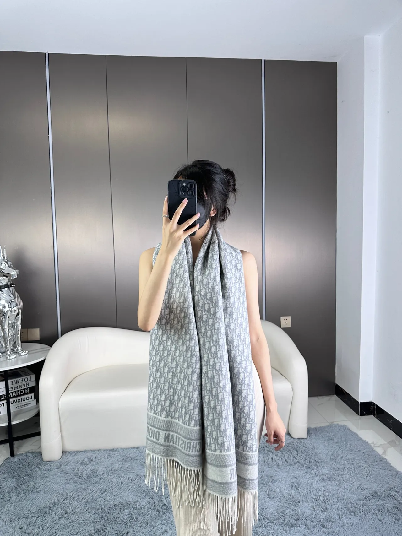 Dior Oblique Monogram وشاح كشمير رمادي 6