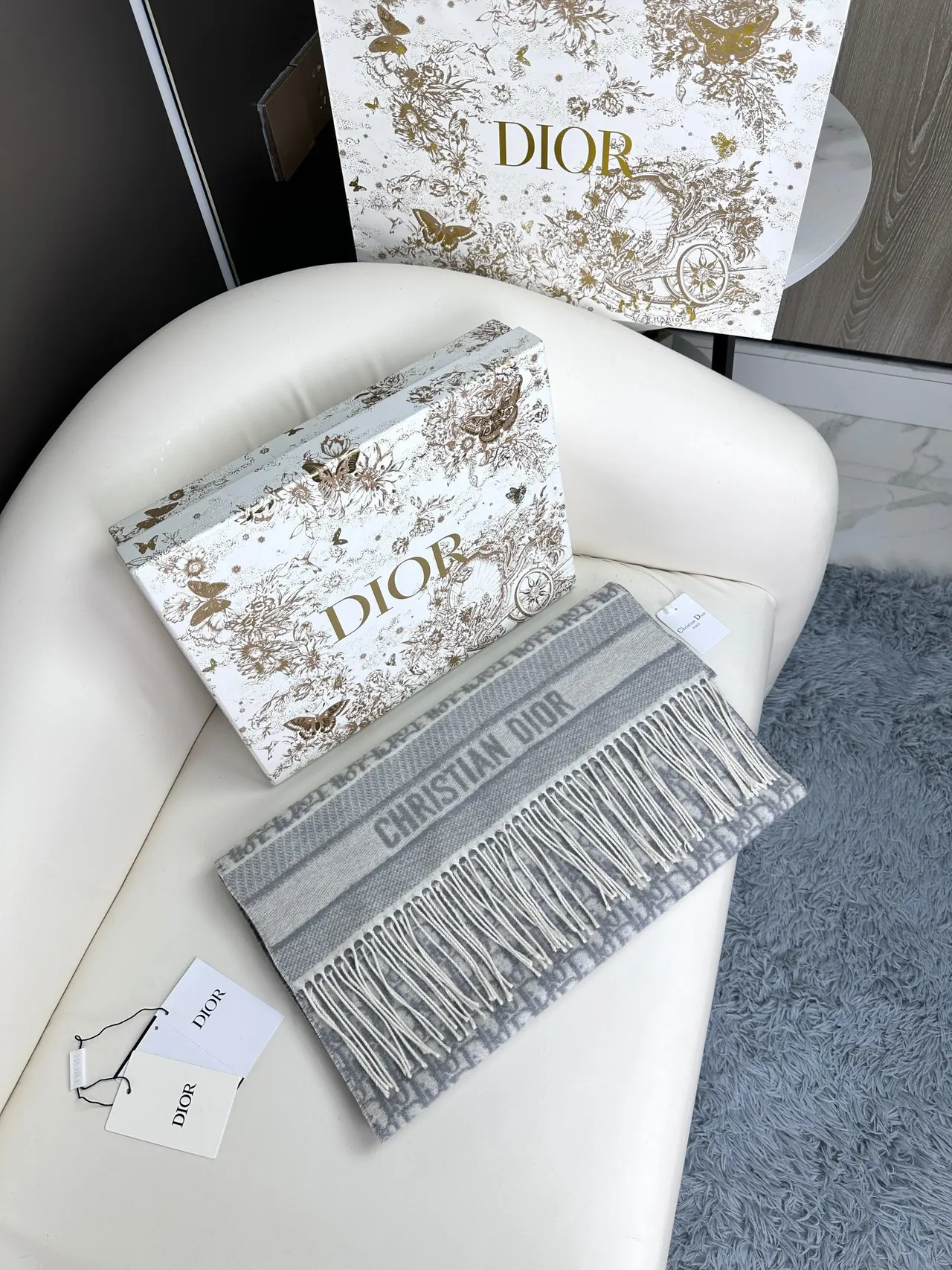 Dior Oblique Monogram وشاح كشمير رمادي 8