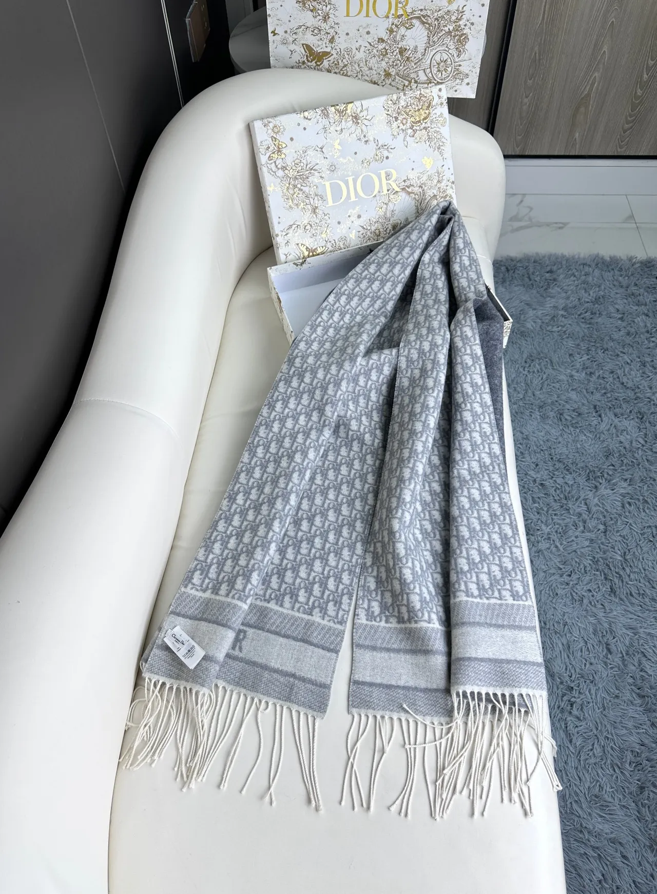 Dior Oblique Monogram وشاح كشمير رمادي 9