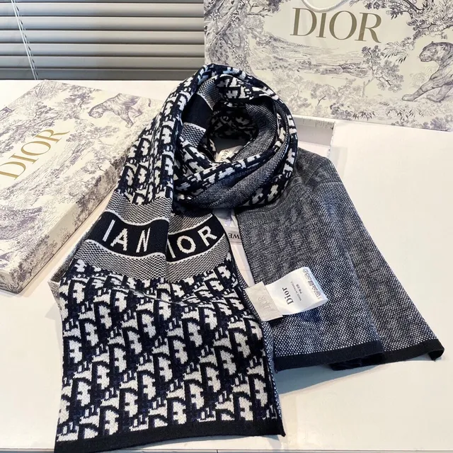 وشاح Dior مونوجرام أوبليك بحري وأبيض كشمير 5