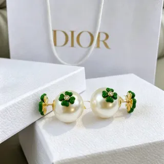 Dior Pearl and Green Enamel Clover Stud Earrings