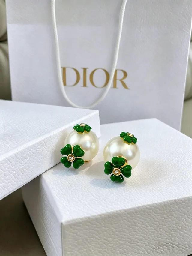 Dior Pearl and Green Enamel Clover Stud Earrings 2