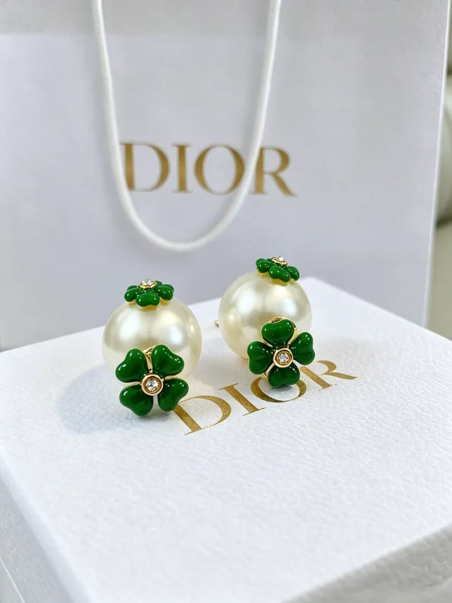 Dior Pearl and Green Enamel Clover Stud Earrings 3