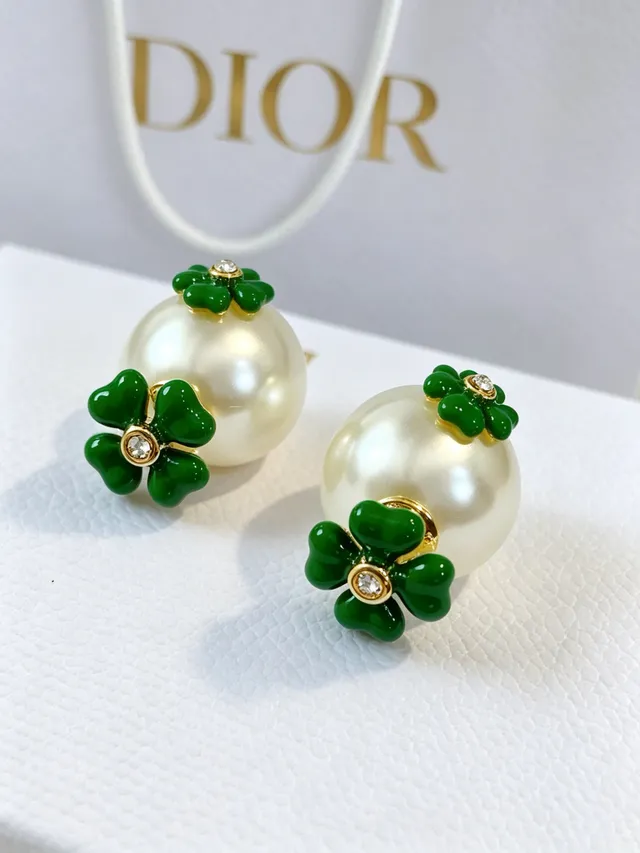 Dior Pearl and Green Enamel Clover Stud Earrings 4