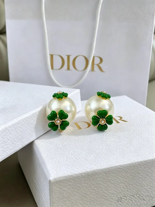 Dior Pearl and Green Enamel Clover Stud Earrings 5