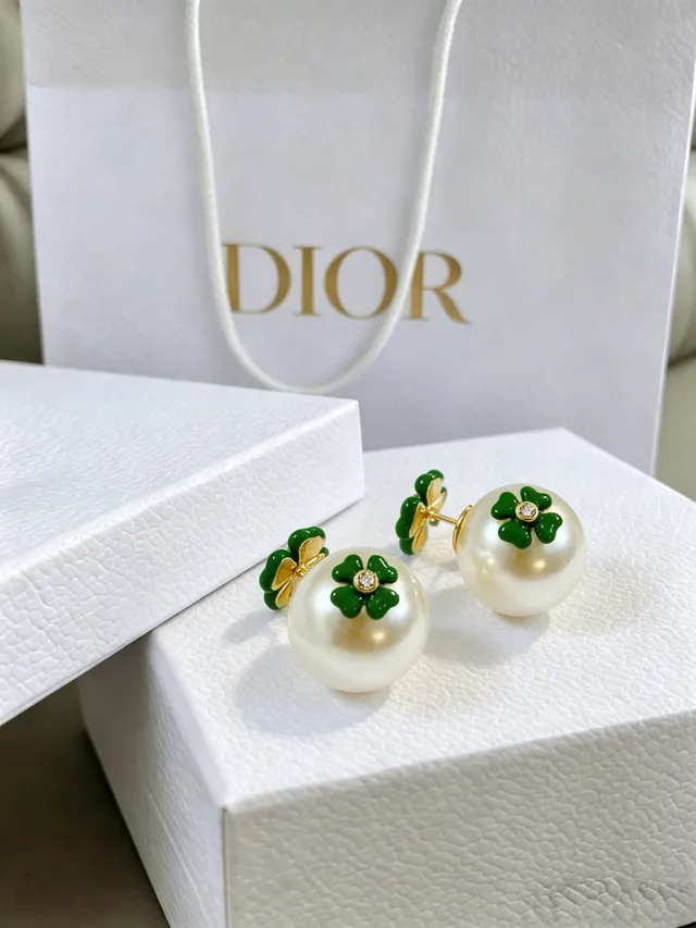 Dior Pearl and Green Enamel Clover Stud Earrings 6