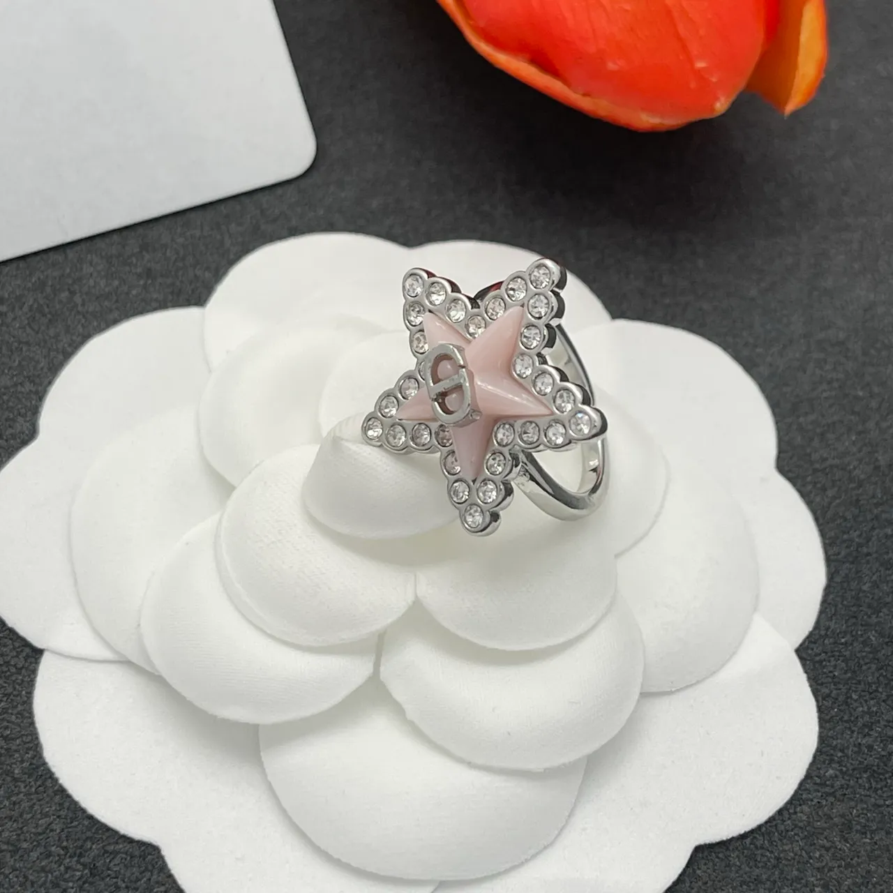 Dior Pink Silver Star-Shaped Pavé-Crystal Bordered Ring 5