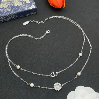 Dior Silver White Double-Chain Pearl-Accented Necklace