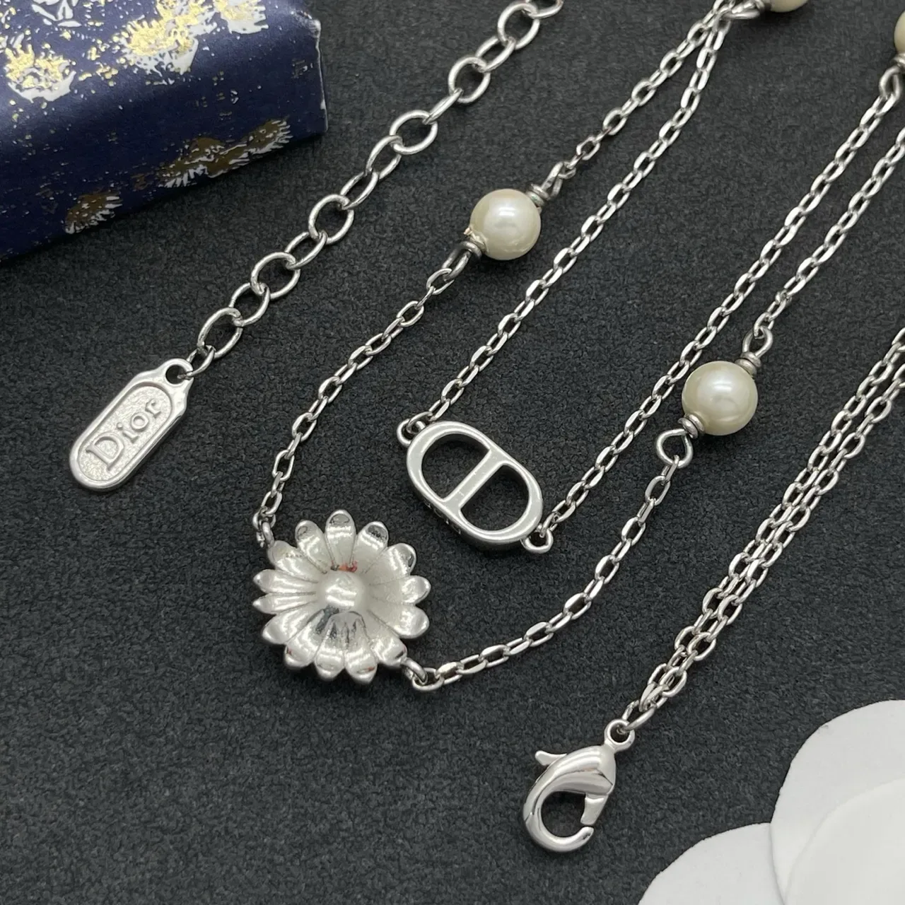 Dior Silver White Double-Chain Pearl-Accented Necklace 2