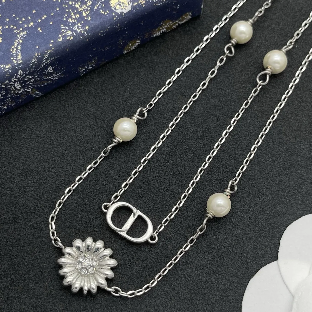 Dior Silver White Double-Chain Pearl-Accented Necklace 4