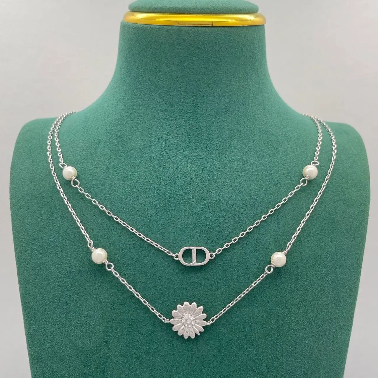 Dior Silver White Double-Chain Pearl-Accented Necklace 5